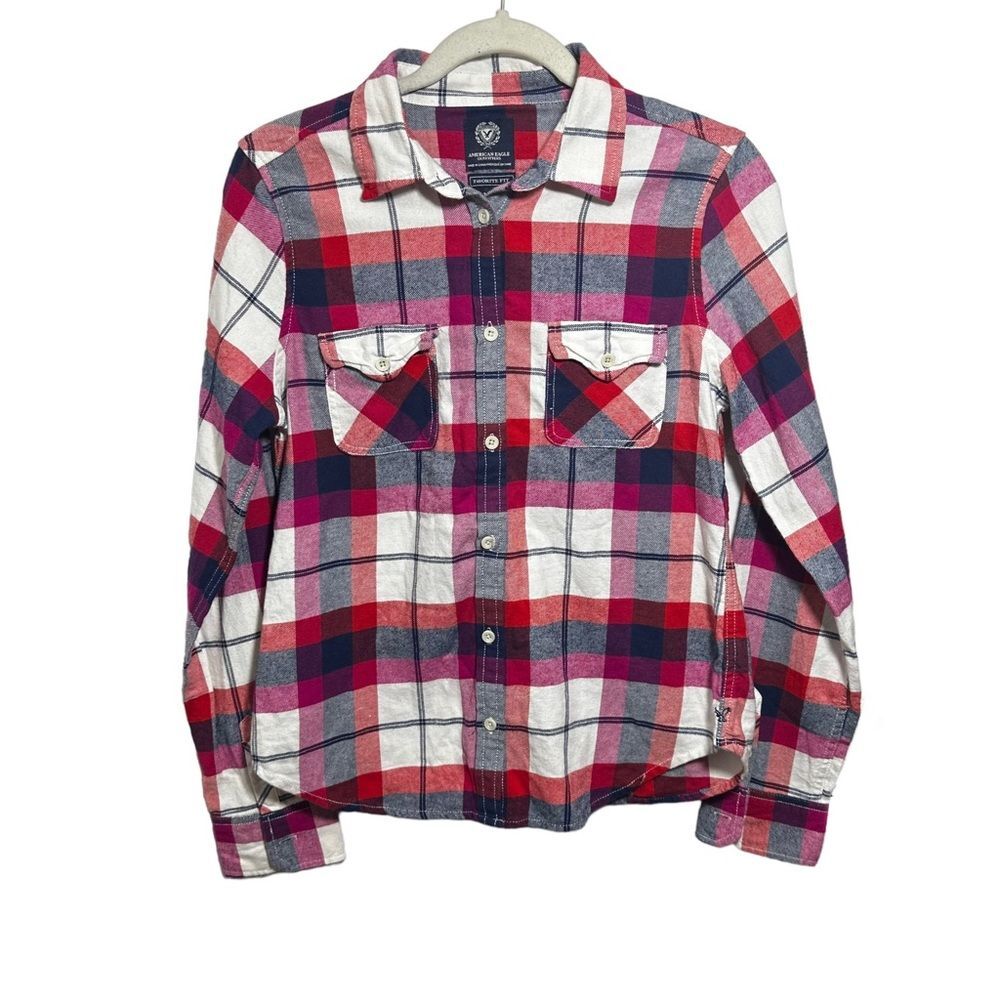 American Eagle Outfitters Womens Sz M Favorite Fit Flannel Shirt Plaid Red Black
